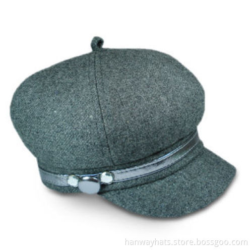 Girl's Gray Wool Blend Fashionable Cap, Little Loop on Top Center and Shiny Metallic PVC Band